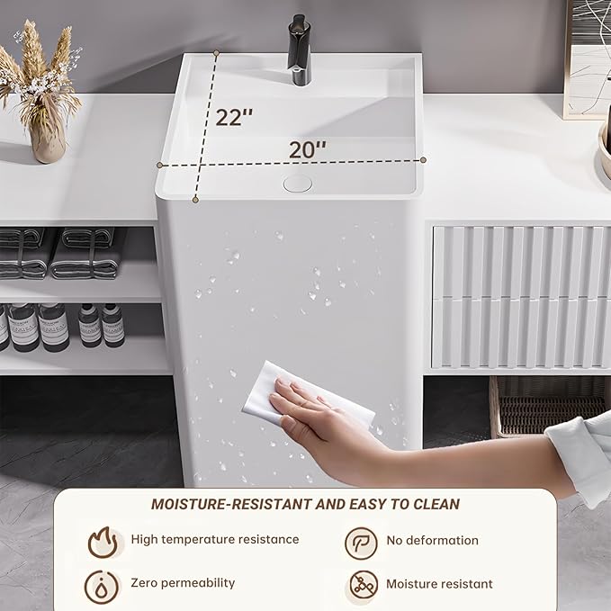 56Inch Freestanding Sink Bathroom Vanity, Wall-Mount Bathroom Cabinet with Open Storage and Striped Drawers, Solid Wood Bathroom Vanity with Smart Defog Mirror and Spacious Rock Plate Countertop