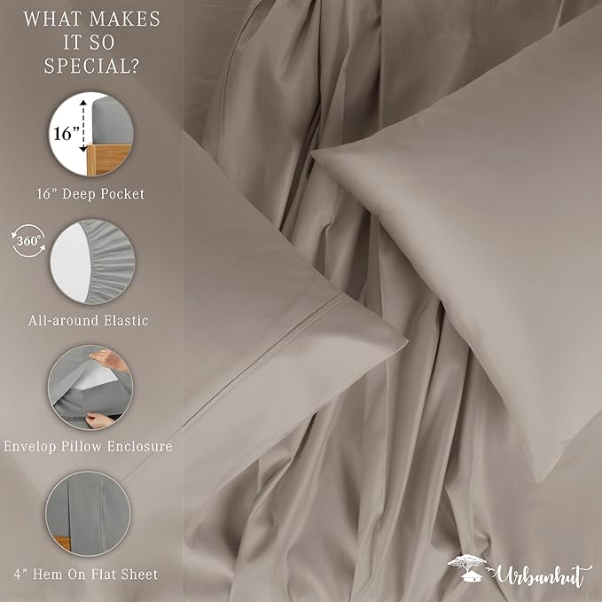 URBANHUT 1000 Thread Count Egyptian Cotton Sheets Twin Size, Long Staple Soft & Breathable, 3 Pc Bed Sheet Sets, Luxury Hotel Sateen Sheets Fits 16" Deep Pocket - Dark Grey