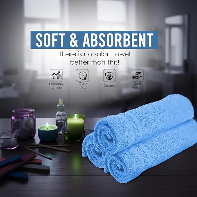 Hand Towels (Pack of 24) Light Blue Economy Salon Towels - 100% Cotton Spa Towel– 16 x 27 Inches Highly Absorbable, Facial, Gym, Hair Towels Face Towels Bulk