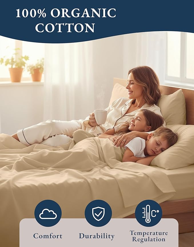 LANE LINEN 100% Organic Cotton Bed Sheets King Size, Fully Elasticized Reinforsed Seams in Fitted Pocket, Machine Washable Naturally Cooling All Season King Sheet Deep Pocket Bedding- Linen