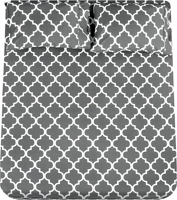 Mejoroom King Bed Sheet Set - Super Soft Brushed Microfiber 1800 Thread Count Sheets with 15 inch Deep Pocket - Wrinkle Free - 4 Piece (King, Grey Quatrefoil with White Pattern)