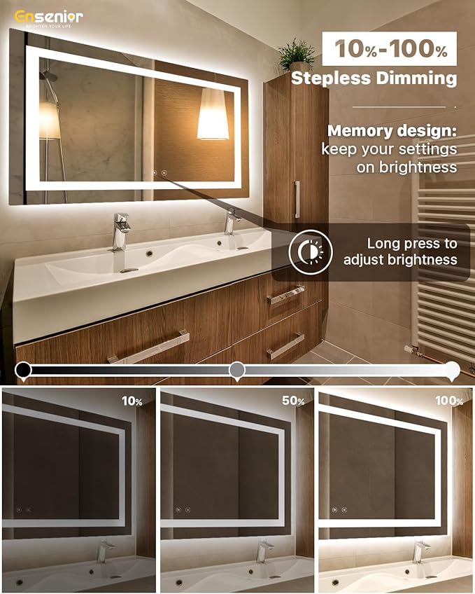 Ensenior LED Bathroom Mirror 55"x 30" with Front and Backlight, Stepless Dimmable Wall Mirrors with Anti-Fog, Shatter-Proof, Memory, 3 Colors, Modern LED Vanity Mirror-ETL & FCC