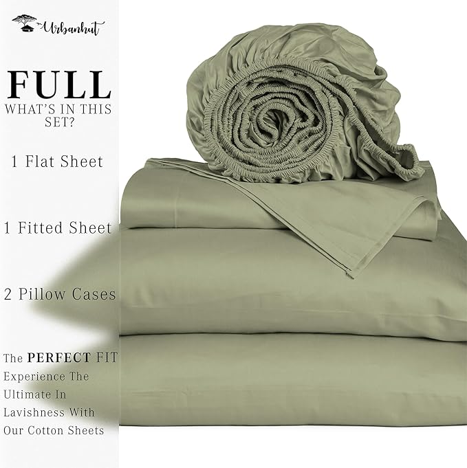 URBANHUT 1000 Thread Count Full Size Egyptian Cotton Sheets, Long Staple Soft & Breathable, 4 Pc Bed Sheet Sets, Sateen Finish Luxury Hotel Bedsheets Fits 16" Deep Pocket - Sage