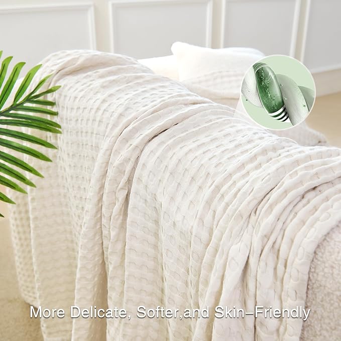Aganear Waffle Blanket - Lightweight Breathable Summer Blanket of 50% Cotton and 50% Rayon Derived from Bamboo for Hot Sleepers Luxury Throws for Bed, Couch and Sofa,Beige,50x70 Inches