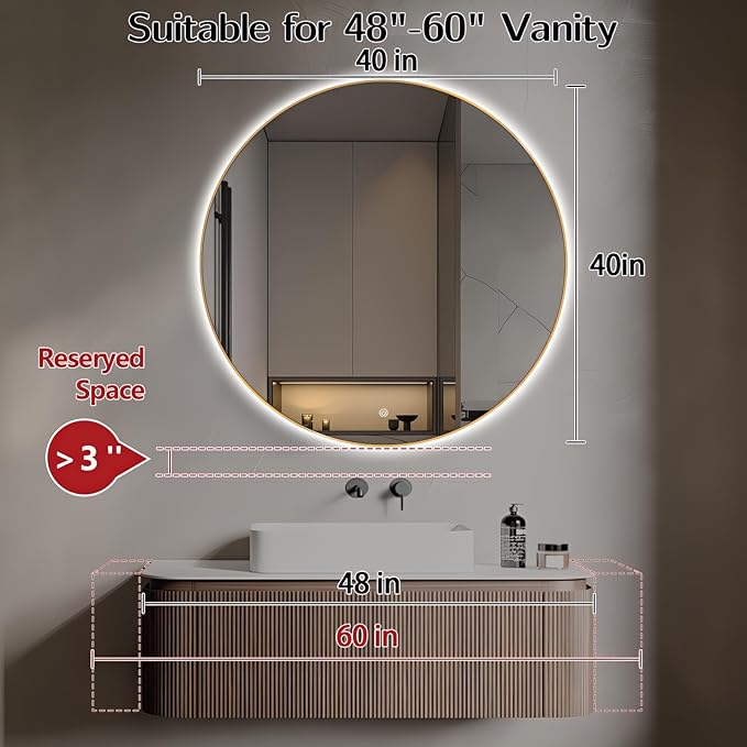 Niccy 40" LED Backlit Round Mirror for Bathroom, Gold Framed Vanity Light Wall Mirrors LED Smart Circle Mirrors with 3 Lighting Colors, Lighted Round Mirror with Anti-Fog, IP65 Waterproof