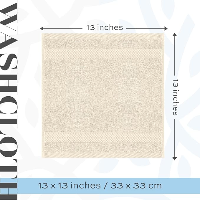 White Classic Luxury Cotton Washcloths 13x13 Inch - 650 GSM Turkish Cotton | Hotel, Spa, Bathroom Face Towel | 12 Pack, Ivory