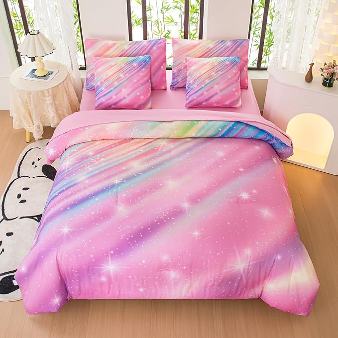 Full Comforter Set for Girls Galaxy Bedding 7pieces, Ombre Bedding Comforter Sets Rainbow Comforter, Twill Pink