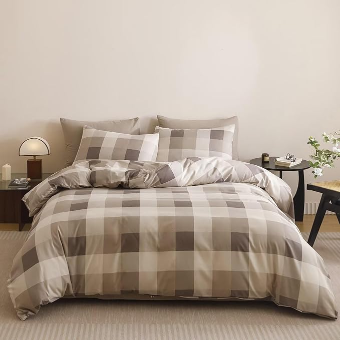 Cottonight Checkered Khaki Comforter Set King Men Gingham Grid Bedding Set Khaki and Cream Coffee Grid Comforter Fluffy Soft Blanket Quilts Modern Cottagecore Comforter for King Bed