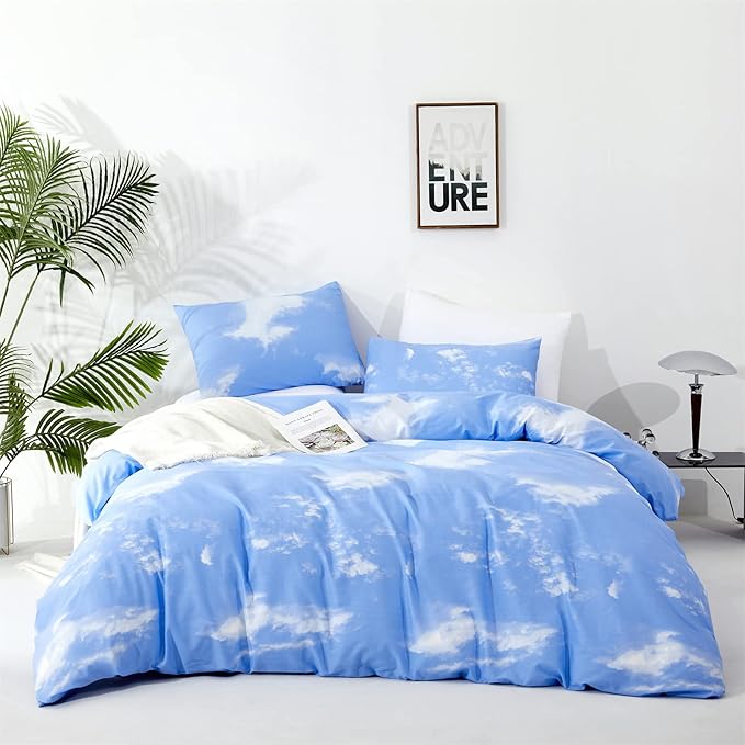 KAREVER Blue Cloud Comforter Set Cal King Size Sky Theme Bedding Women 3 Pieces Soft Light Blue California King Plus Size Bed Blanket Set All Season