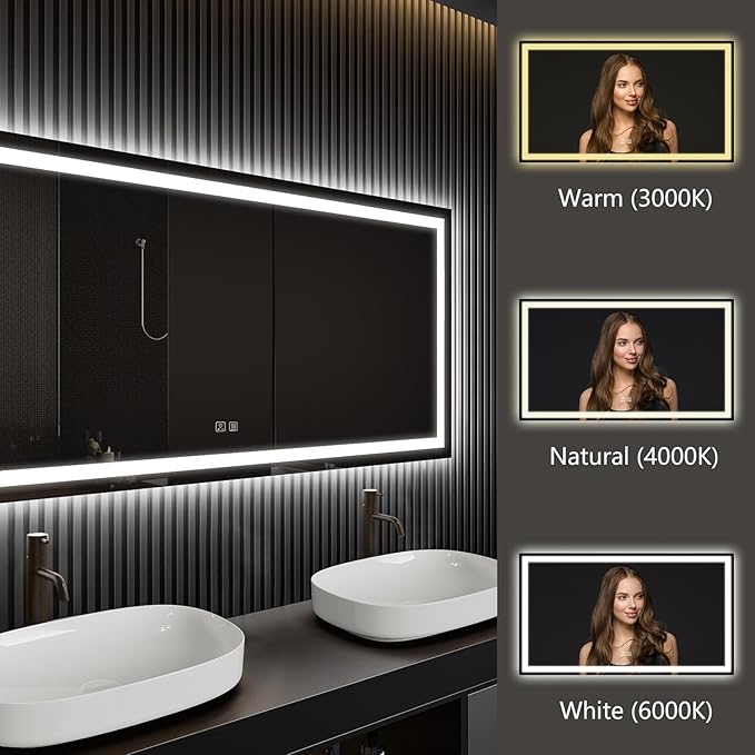 APRILSOUL 55x36 Inch LED Bathroom Mirror with Front and Backlit, Makeup Mirror with 3 Color Lights, Memory Function, Anti-Fog and Dimmable Light (Horizontal)