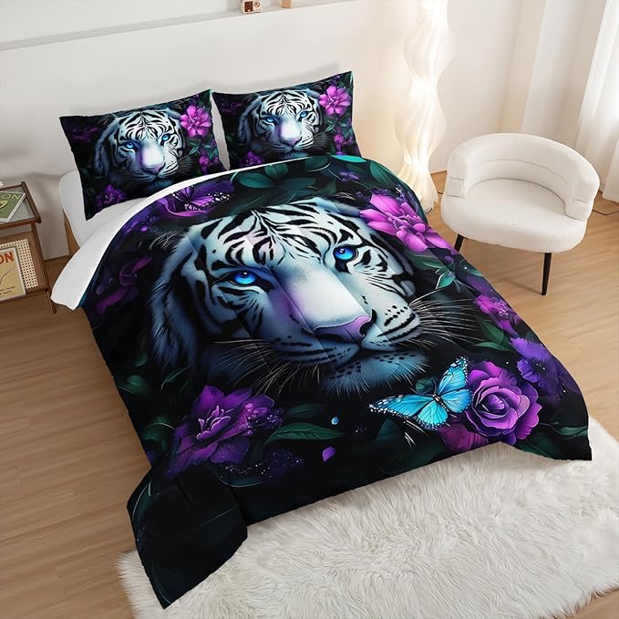 Wild Animal Themed Comforter Set Queen Size,White Leopard Floral Print Bedding Sets for Kids Teens Room Decor,Gothic Bedding All Season with 2 Pillowcases.