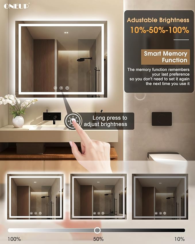 oneup 48''x40'' Bathroom Mirror with Lights,Front Lighted Bathroom Mirrors for Wall,Anti-Fog Smart Vanity Mirror,Touch Button and Memory Function,Dimmable 3-Color Lights