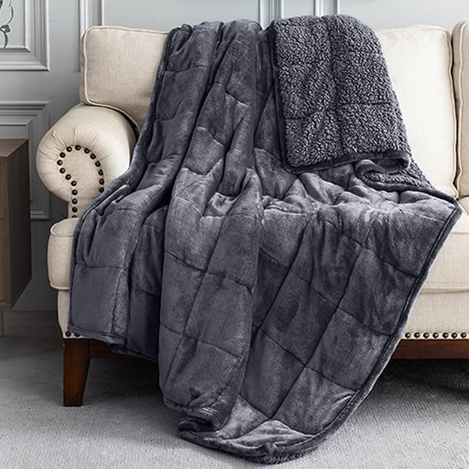 Uttermara Weighted Blanket for Adults, Twin Size 12 lbs Heavy Blanket with Reversible Soft Shiny Velour Fleece and Cozy Warm Sherpa for Couch Bed, Calming and Relaxing, 48 x 72 inches in Dark Grey