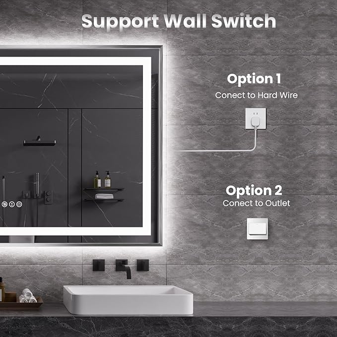 Amorho 55"X36" LED Bathroom Mirror, Brushed Nickel Framed Mirror with Front Light and Backlit, Stepless Dimmable, Anti-Fog, Shatter-Proof, Memory, 3 Colors