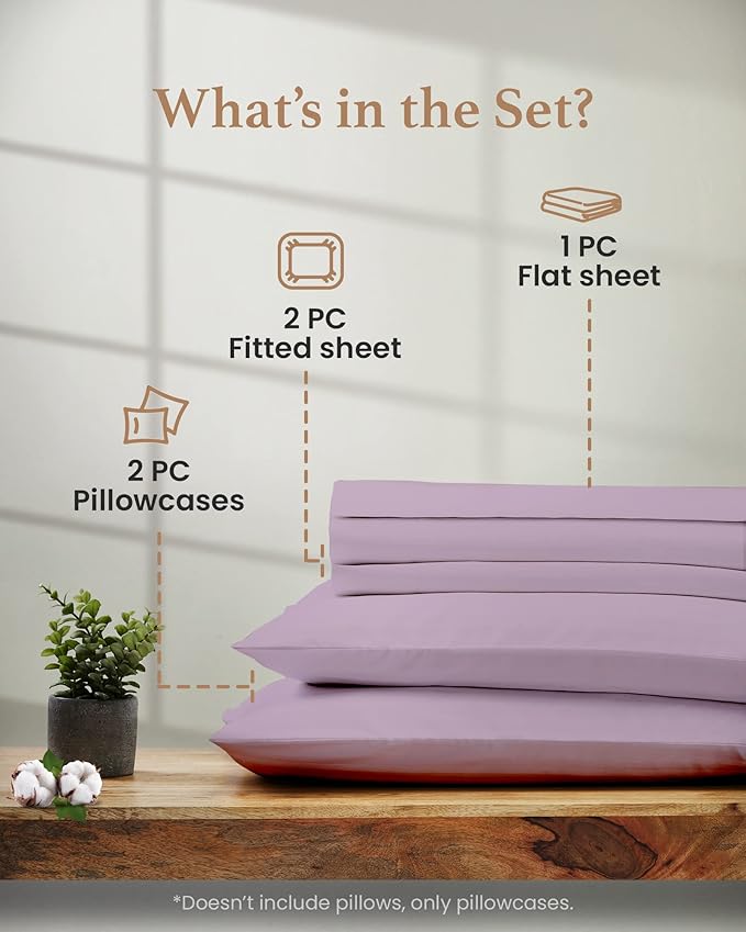 Split King Sheets Sets for Adjustable Bed Cotton, Luxury Sheets, Egyptian Cotton Sheets, 5 Piece 100% Cotton Split King Sheet Set, Sateen Sheetts, 2 Fitted - 16" Deep Pocket, Lavender