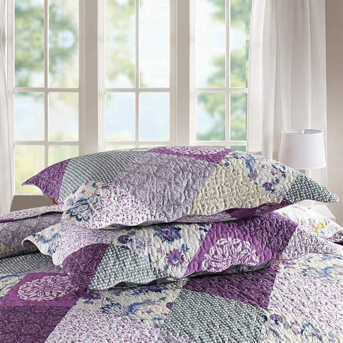 ENJOHOS King Size Quilt Set - 3 Pieces Purple Patchwork King Quilt with 2 Pillowcases, Lightweight Reversible Country Bedspread with Floral Design