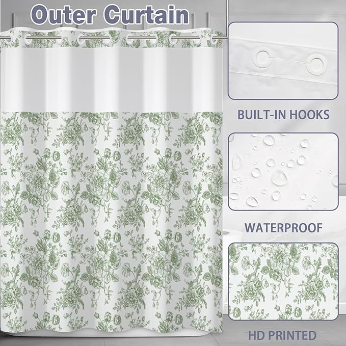 Floral Shower Curtain No Hooks with Snap in Fabric Liner Set,Spring Farmhouse Shower Curtain Hotel Bathroom Decor,with See Through Top Window,Green Flowers Fabric Waterproof,71x74 Inch