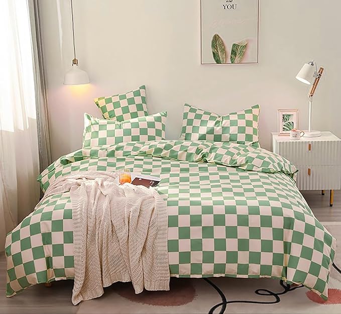 KAREVER Green White Grid Comforter Set Full Sage Green Plaid Bedding Set Girls Light Green White Checkered Bed Set Breathable Blanket Set Kids Durable Bedding Comforter Set