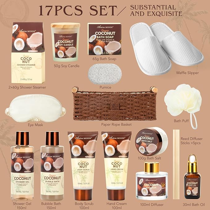 Spa Gift Basket for Women, Coconut Luxury Gift Set with Shower Gel, Bubble Bath, Hand Cream, Bath Soap, Bath Salt, Essential Oil, Luxury Bath and Body Gift Kit for Christmas