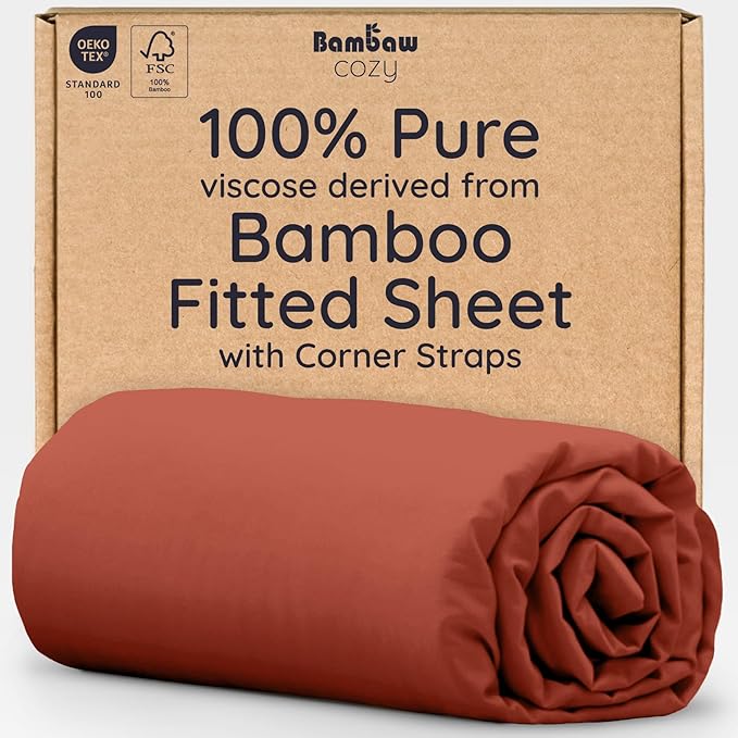Bambaw 100% Viscose Derived from Bamboo Full Fitted Sheet Size, 15’’ Deep Pocket Full Fitted Sheets Only with Corner Straps, Cooling & Breathable (Terracotta)