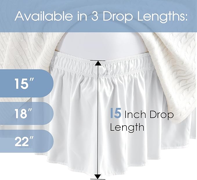 FreshCulture Queen Bed Skirt, Elastic Wrap Around Bed Skirt Queen Size, Bed Skirts for Adjustable Bed, Easy Fit with 15-Inch Tailored Drop, Hotel Quality Dust Ruffle for Queen Bed (White)