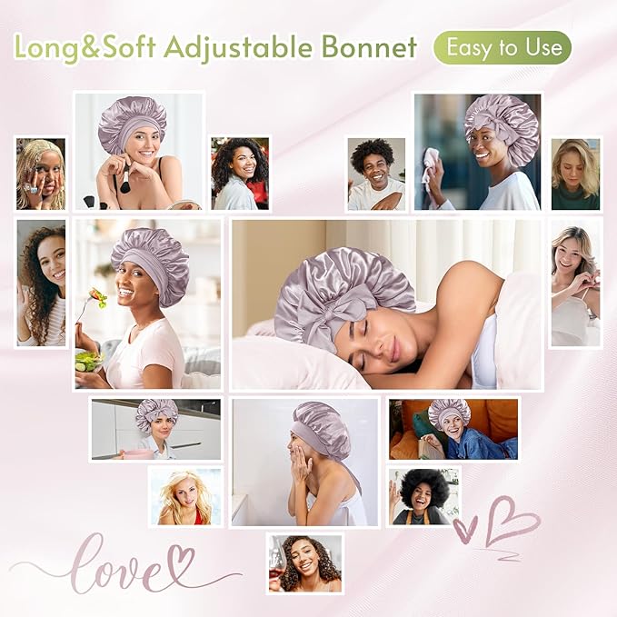 BONNET QUEEN Silk Bonnet Satin Bonnet Hair Bonnet Silk Hair Wrap for Sleeping Night Cap Sleep Bonnet for Women Girls Grey Rose Gold