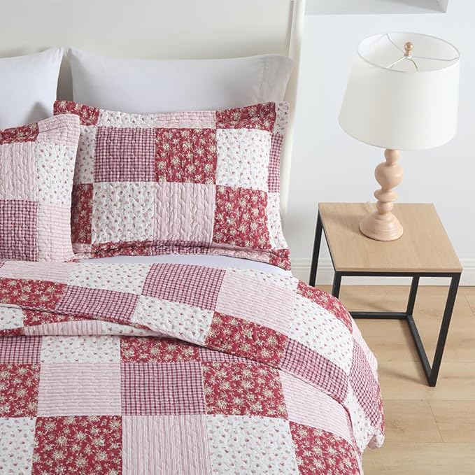 ENASAL Cotton Bedspread Quilt Bedding Sets Reversible Coverlet Sets Comforters Plaid Floral Red White Patchwork Pattern Bedspread for All Season, Queen Size
