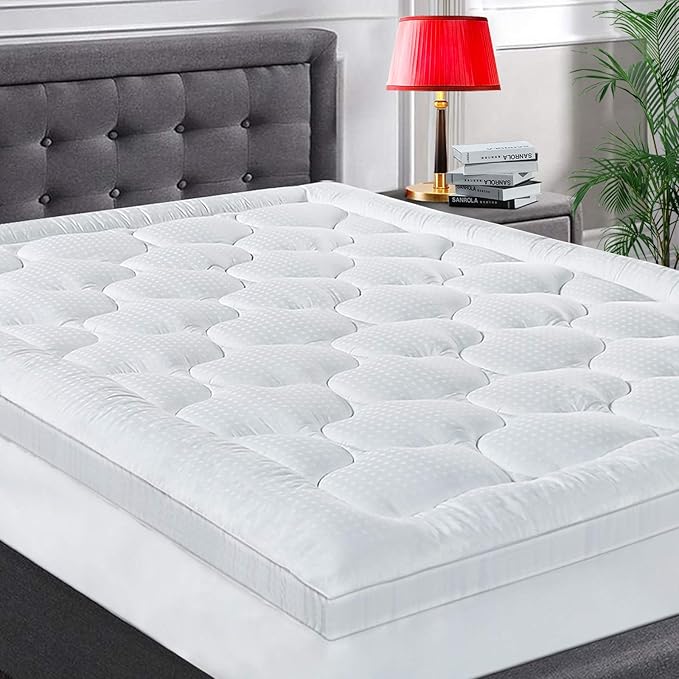 COHOME Mattress Topper Queen 1300 GSM Extra Thick Cooling Mattress Pad 400TC Cotton Top Plush Down Alternative Fill Pillow Top Mattress Cover (60x80 Inches, White-Luxury)