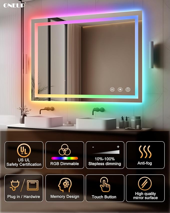 oneup 40x32 Inch LED Bathroom Mirror,RGB Color Changing Bathroom Mirror with Lights,Anti-Fog Wall-Mounted Vanity Mirrors,Smart Dimmable Multicolor Lighted,IP54 Waterproof (Horizontal/Vertical)