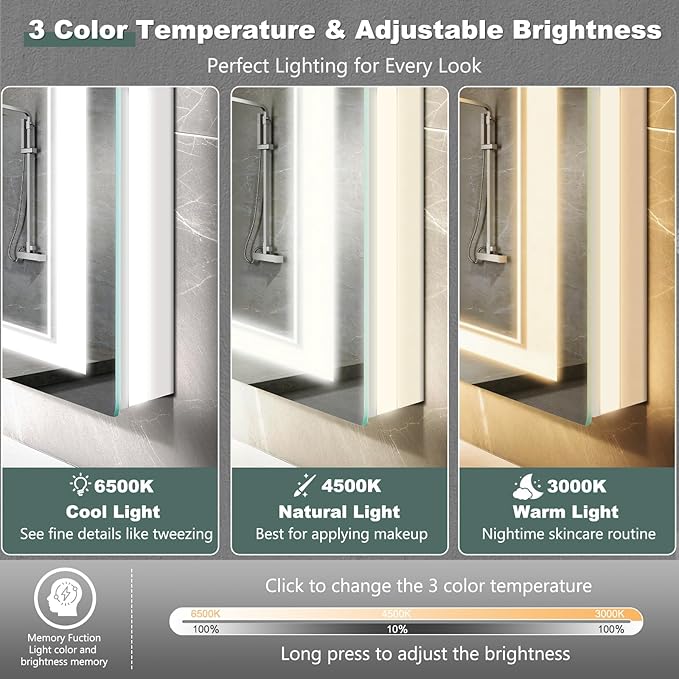 LED Bathroom Mirror with Lights: 60"x36" Wall Mounted Large Lighted Mirrors Fogless, Anti-Fog,Dimmable,Memory Function, Shatterproof Tempered Glass, Espejos para Baños, ETL Listed