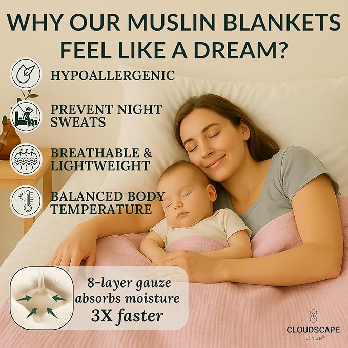 Cloud Scape Linen 100% Cotton 8 Layer Twin Size Muslin Blanket - Breatheable and Soft Winter Blanket for Bed, Couch and Sofa, Oversized Fits up to Twin XL, Best Gift Idea, 68x92, Seashell Pink