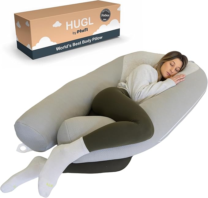 Plufl Hugl Cooling Body Pillow for Adults Made with Memory Foam | U Shaped Maternity Pillows Great for Side Sleepers & Pregnant Women | Washable Cover | Grey
