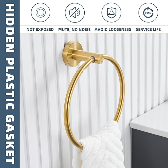 APLusee Brushed Gold 2 Pieces Bathroom Hardware Set, Hand Towel Ring and Toilet Paper Holder, 304 Stainless Steel Bath Accessories, Wall Mounted