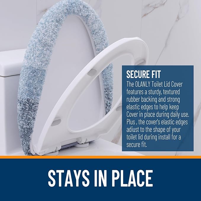 OLANLY Soft Microfiber Bathroom Toilet Lid Cover, Machine Washable Covers, 17.5x15, Stays in Place Rubber Backing, Fits Most Round, Elongated and Oblong Lids, Accessories Decor, Blue