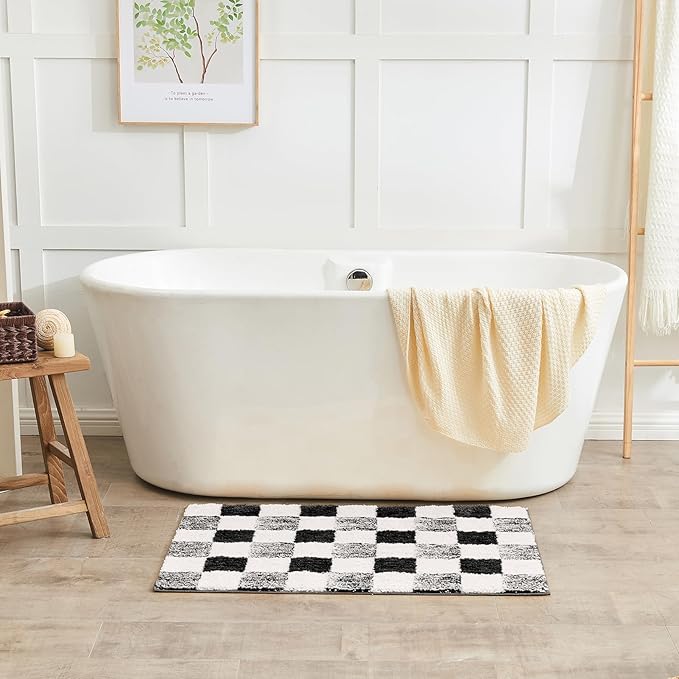 CozeCube Bath mats for Bathroom Non Slip, Fluffy Absorbent Microfiber Bath mat Washable, Aesthetic Bathroom Rugs, Small Jet Black Checkered Bath mat, Jet Black, 24" x 16"