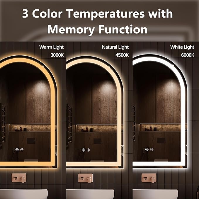 Niccy Arched LED Bathroom Mirror, 30x20 Arch Wall Mounted Frameless Bathroom Mirror for Vanity, Smart Lighted Frontlit Mirrors with Memory Function for Bathroom Bedroom Beauty Hair Salon