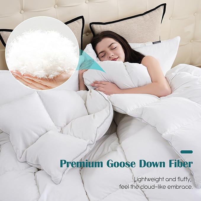 Goose Feather Down Fiber Comforter King Size, 100% Cotton Cover Ultra Soft Fluffy King Duvet Insert, Luxurious Hotel Bedding Comforter for All Season, White 106"x90"