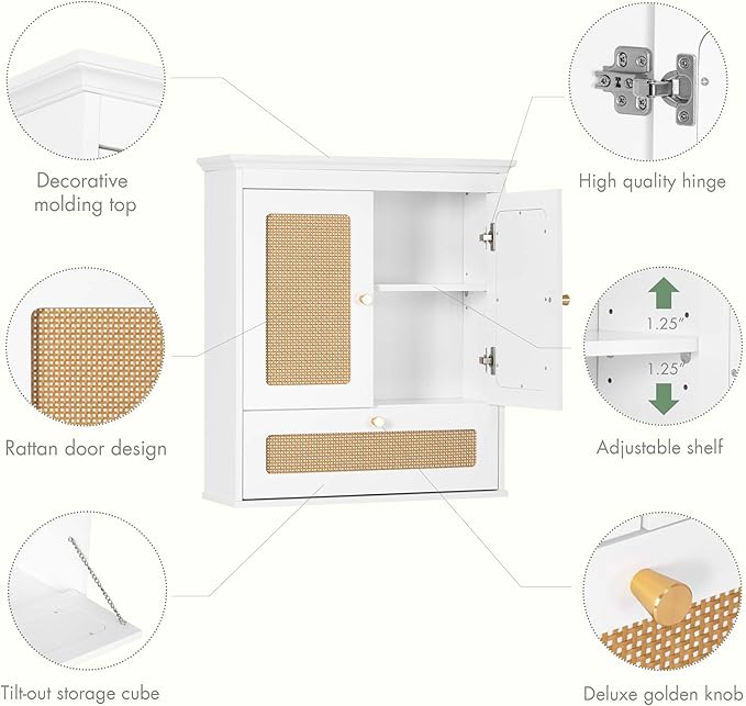 Spirich Bathroom Wall Cabinet Over Toilet, Modern Rattan Medicine Cabinet with Adjustable Shelf, Space-Saving Wall Mount Storage