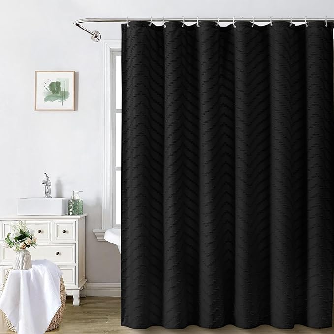 Extra Long Black Boho Shower Curtain 84 Inch Black Tufted Chevron Striped Fabric Shower Curtains for Bathroom Modern Shabby Chic Waterproof Cloth Shower Curtain Set with Hooks