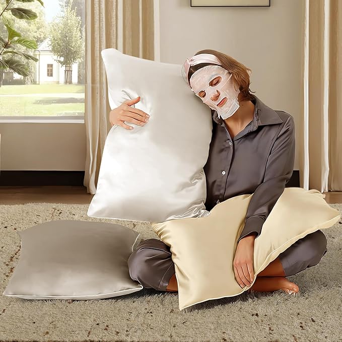 BHZ Satin Goose Down Feather Pillows King Size Set of 2 with Beige Satin Pillowcase for Hair and Skin, Cooling Pillow Cases Similar to Silk Pillow Cases, Decorative for Women, Mom Men