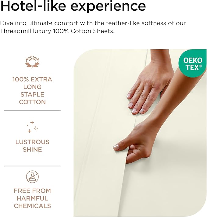 Threadmill 100% Cotton Sheets for King Size Bed - 600 Thread Count King Bed Sheets Set with 16” Deep Pocket - Sateen Weave 4-Piece Bedding Set with Cooling Effect, Ivory
