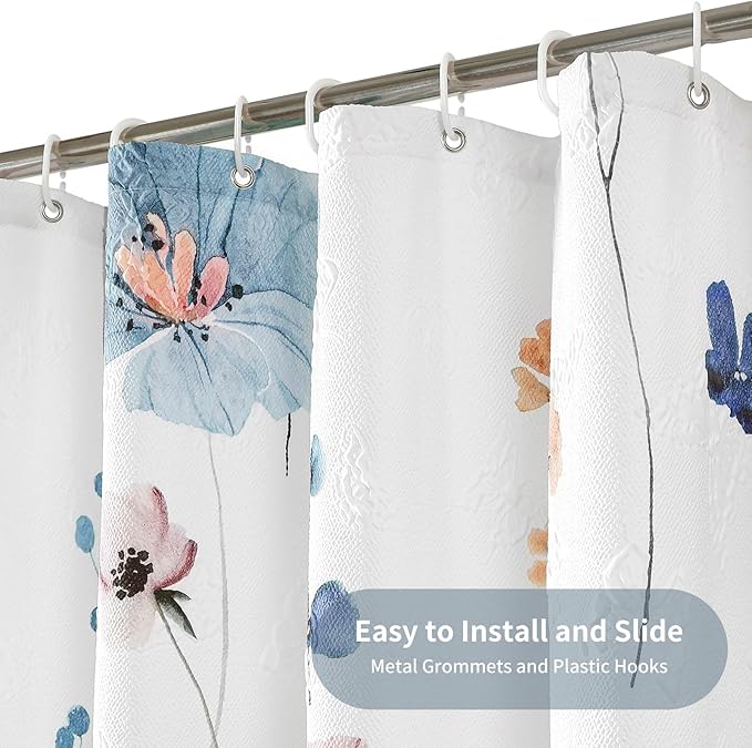 QiyI Small Stall Shower Curtain 36 x 72, Narrow Half Watercolor Floral Bath Curtain, 3D Embossed Blue Beige Flower Cloth Bathroom Curtain, Waterproof Fabric White Shower Curtain Set with Hooks