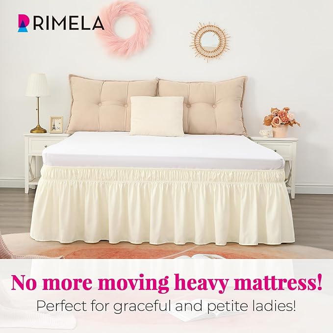RIMELA Cream Yellow Bed Skirt Full Size 15 Inch Drop, Elastic Bed Skirting for Bed Base and Frame, Bedding Dust Ruffle Easy to Install, Lightweight Wrap Around Adjustable Bedskirt