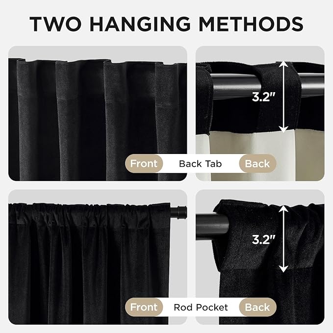 Joydeco Black 100% Blackout Curtains 108 Inch 2 Panels, Luxury Thermal Insulated Black Velvet Curtains for Bedroom Living Room, Soundproof Blackout Window Drapes, Rod Pocket & Back Tab (52W x 108L)
