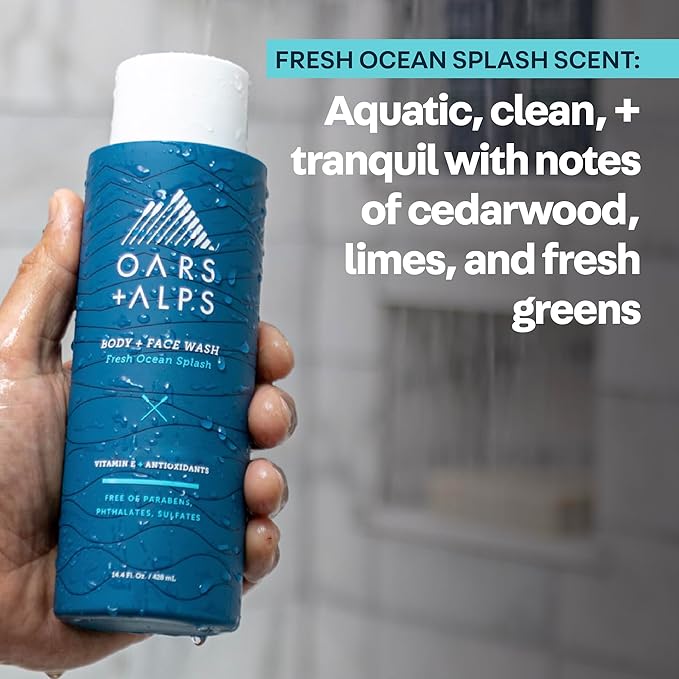Oars + Alps Men's Moisturizing Body and Face Wash, Skin Care Infused with Vitamin E and Antioxidants, Sulfate Free, Fresh Ocean Splash, 3 Pack