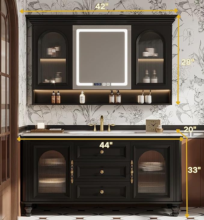 Freestanding Bathroom Vanity with Sink, Solid Wood Bathroom Vanity Set, Vintage Bathroom Vanities with Large Capacity Storage Cabinet and Open Shelf, Elegant Vanities (Black,44")