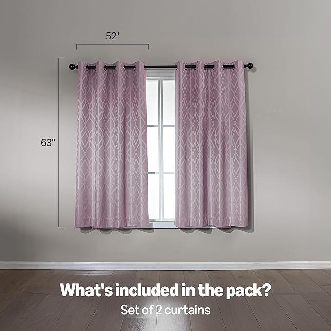 Amazon Basics Jacquard 2-Piece 100% Blackout Curtains, Living Room and Bedroom Drapes, Thermal Insulated Window Treatment, 52"x63", Pink