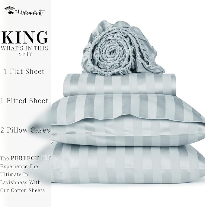 URBANHUT 1000 Thread Count Damask Striped King Sheet Set Egyptian Cotton, Long Staple Soft & Breathable, 4 Pc Bed Sheet Sets, Luxury Hotel Sateen Sheets Fits 16" Deep Pocket - Light Blue