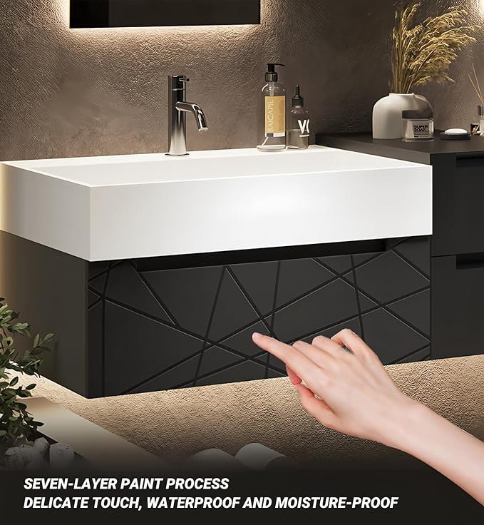 Double Bathroom Vanity with Sink, Floating Modern Bathroom Vanity Set Includes LED Smart Defogging Mirror and Open Storage Wall Cabinet, Solid Wood Bathroom Cabinet with Large Drawer (Dark Grey,100")