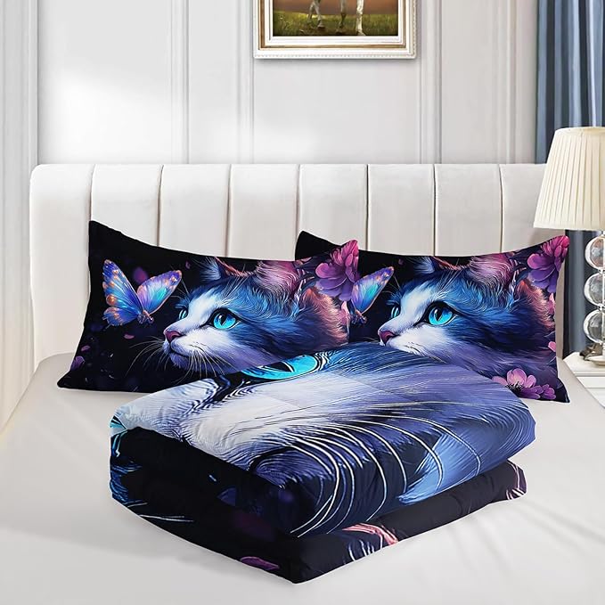 Kids Cat Comforter Set Twin Size,Fantasy Cats Butterfly Flowers Bedding Set for Kids Girls Kawaii Room Decor,Cute Little Animal Themed Toddler Bedding Set with 2 Pillowcases.